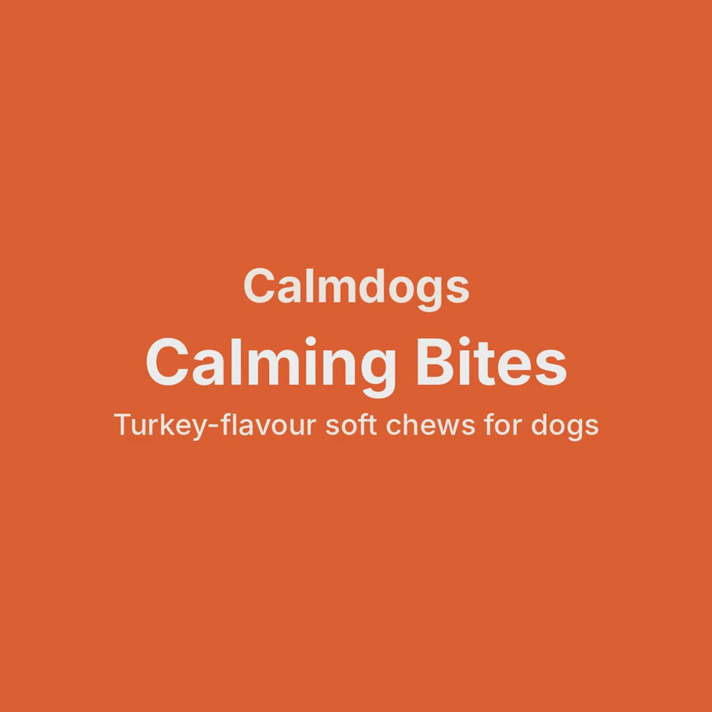 Calmdogs Calming Bites slideshow: jar, ingredients label and feeding guide